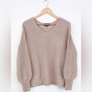 Lulu’s Classic Heather Taupe Ribbed Knit Balloon Sleeve Sweater - NWT medium